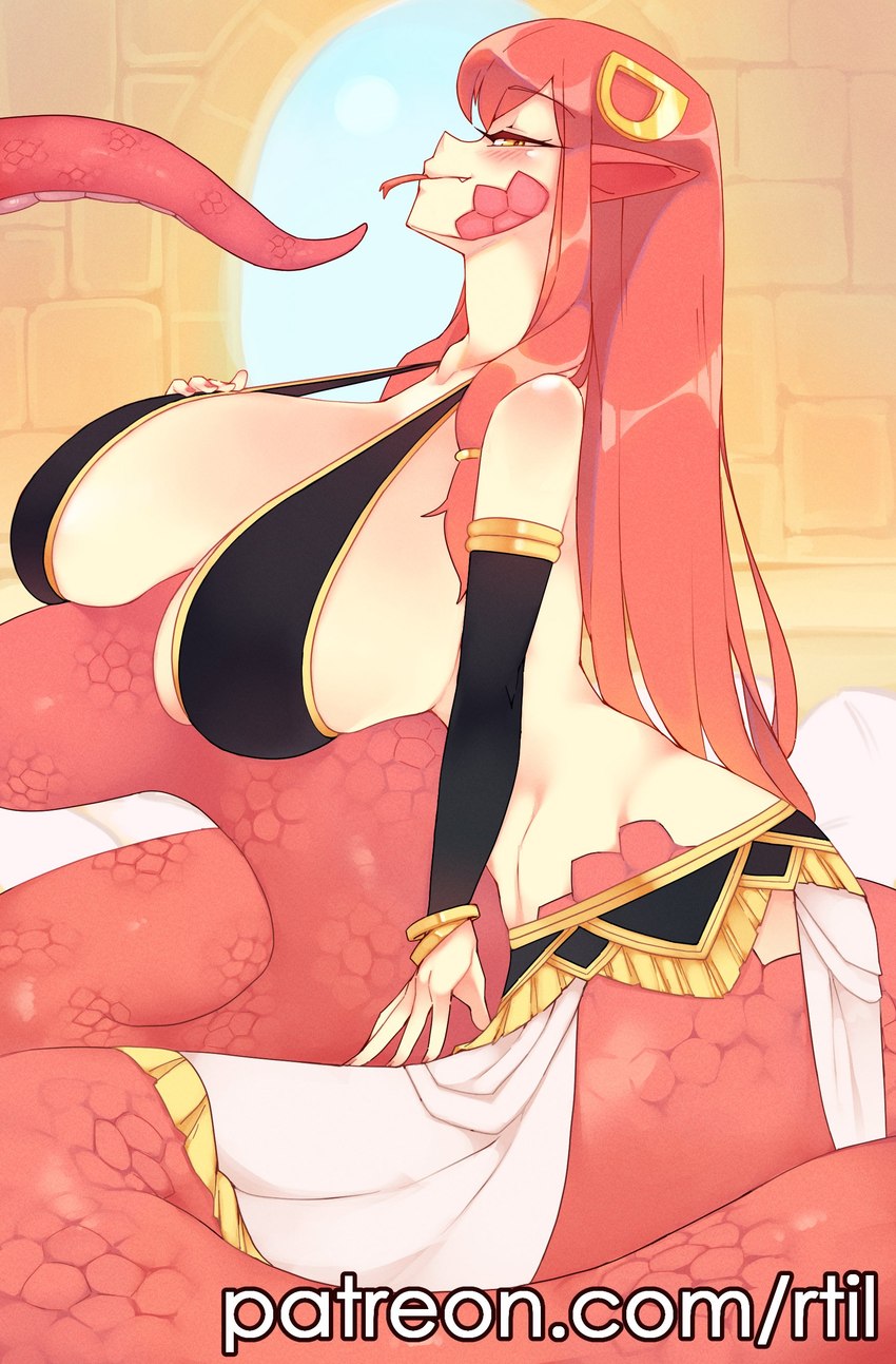 accessory apode bedroom_eyes big_breasts big_tail blush blush_lines breasts clothing fangs female hair hair_accessory huge_breasts huge_tail legless long_hair long_tail looking_at_viewer monster_girl_(genre) narrowed_eyes red_hair scales seductive serpentine smile smiling_at_viewer solo split_form tail teeth text tongue tongue_out wide_hips yellow_eyes rtil monster_musume patreon miia_(monster_musume) draconcopode humanoid lamia reptile scalie snake absurd_res hi_res url watermark