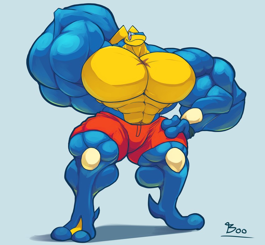 2_toes 3_fingers abs anthro biceps big_biceps big_muscles big_pecs blue_background blue_body clothed clothing feet fingers flexing huge_muscles hyper hyper_muscles male muscular muscular_anthro muscular_male pecs pink_eyes red_clothing scar simple_background smile solo toes yellow_body unusualboo54 nintendo pokemon zen_(unusualboo54) amphibian frog generation_6_pokemon greninja pokemon_(species) 2022 absurd_res digital_drawing_(artwork) digital_media_(artwork) hi_res shaded signature