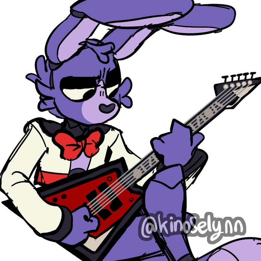 black_eyes bow_tie cheek_tuft facial_tuft fingers fur guitar half-closed_eyes head_tuft heart_nose heart_symbol long_ears machine male musical_instrument narrowed_eyes plucked_string_instrument purple_body purple_fur purple_inner_ear sitting solo string_instrument tuft kinoselynn five_nights_at_freddy's scottgames bonnie_(fnaf) animatronic lagomorph leporid mammal rabbit robot 1:1