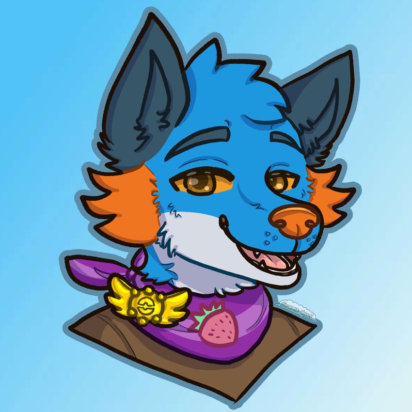 anthro badge blue_body blue_eyebrows blue_fur brown_clothing brown_pupils brown_shirt brown_topwear clothing countershading ears_up eyebrows fangs food fruit fur head_tuft looking_at_viewer male open_mouth orange_eyes orange_gills orange_nose orange_sclera pattern_clothing pattern_scarf persim_berry persim_scarf plant pokemon_berry pupils purple_scarf scarf shirt simple_background smile smiling_at_viewer solo striped_clothing striped_scarf stripes teeth tongue topwear tuft white_body white_countershading white_fur stormiehills nintendo pokemon pokemon_mystery_dungeon spike_chunsoft xevy canid canine canis generation_3_pokemon hybrid mammal pokemon_(species) swampert wolf 1:1 bust_portrait hi_res portrait