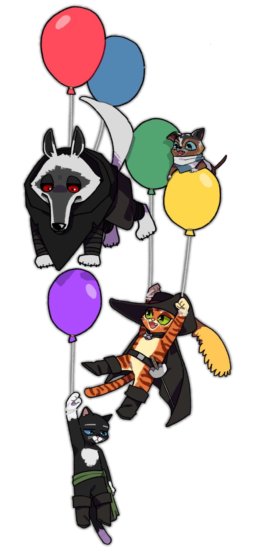 anthro balloon belt black_body black_fur blue_eyes bodily_fluids boots bottomwear brown_body brown_fur cape chibi claws clothing dangling dangling_arms dangling_legs facial_markings female feral floating footwear frown fur green_eyes group half-closed_eyes hat head_markings headgear headwear holding_balloon holding_object hovering inflatable looking_at_another looking_down looking_up male markings mask_(marking) melee_weapon midair multicolored_body multicolored_fur narrowed_eyes on_balloon open_mouth orange_body orange_fur pants poncho rapier red_eyes riding shoes simple_background size_difference smile sweat sword weapon whiskers white_background white_body white_fur go_od8 dreamworks puss_in_boots_(dreamworks) death_(puss_in_boots) kitty_softpaws perrito_(puss_in_boots) puss_in_boots_(character) canid canine canis chihuahua domestic_cat domestic_dog felid feline felis mammal tabby_cat toy_dog tuxedo_cat wolf hi_res