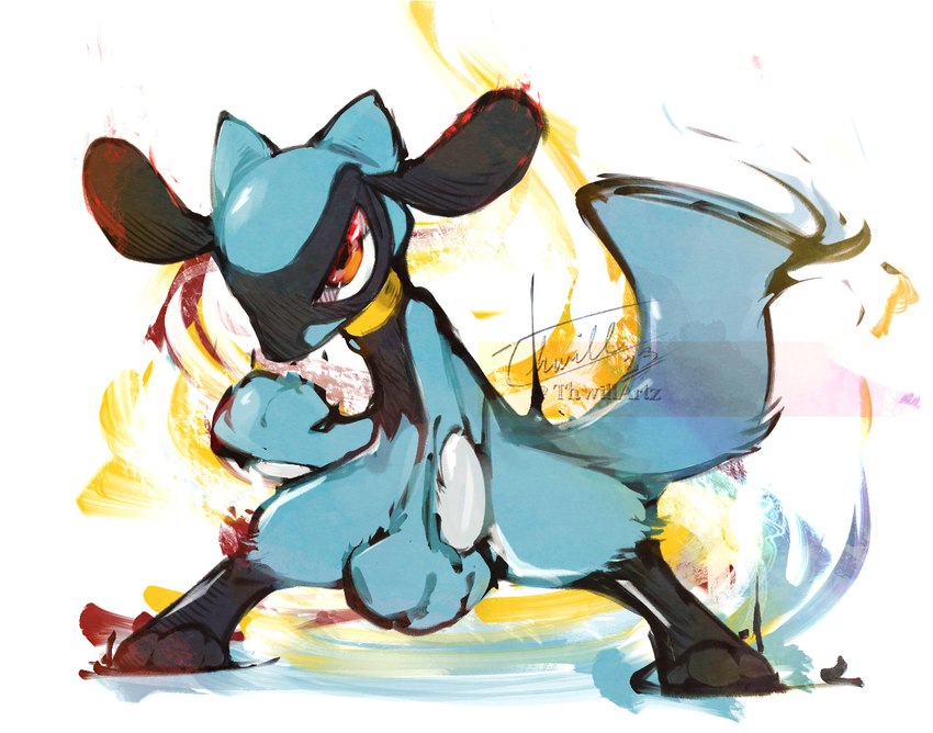 action_pose ambiguous_gender black_body black_fur blue_body blue_fur collar facial_markings feral fur golden_collar head_markings markings mask_(marking) metal_collar pose red_eyes simple_background solo thwillartz nintendo pokemon canid canine generation_4_pokemon mammal pokemon_(species) riolu 2014 digital_media_(artwork)