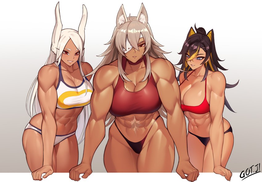 abs anthro big_breasts biped breasts clothed clothing eye_patch eyewear female group looking_at_viewer muscular muscular_female panties scar trio underwear gojich1 genshin_impact mihoyo mushoku_tensei my_hero_academia dehya_(genshin_impact) ghislaine_dedoldia rumi_usagiyama animal_humanoid cat_humanoid felid felid_humanoid feline feline_humanoid humanoid lagomorph lagomorph_humanoid leporid_humanoid mammal mammal_humanoid rabbit_humanoid absurd_res hi_res