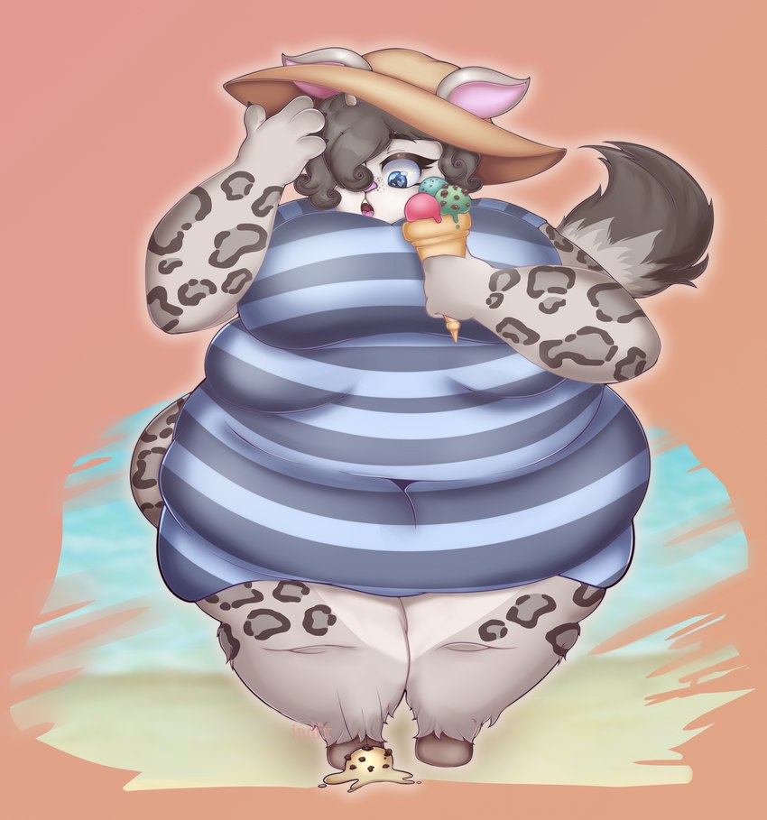 4_breasts anthro beach breasts clothed clothing curled_hair dessert female food hair hooves horn ice_cream leopard_spots multi_breast navel obese obese_anthro obese_female overweight overweight_anthro overweight_female seaside solo spots surprise swimwear indfx lance_(lancypants) bovid bovine cattle felid hybrid mammal pantherine snow_leopard absurd_res hi_res