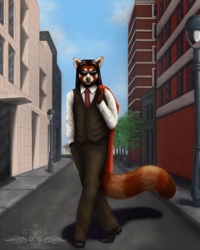 anthro building clothed clothing curb eyewear fully_clothed gentleman looking_at_viewer male sidewalk solo street suit sunglasses tail walking ykoriana ailurid mammal red_panda