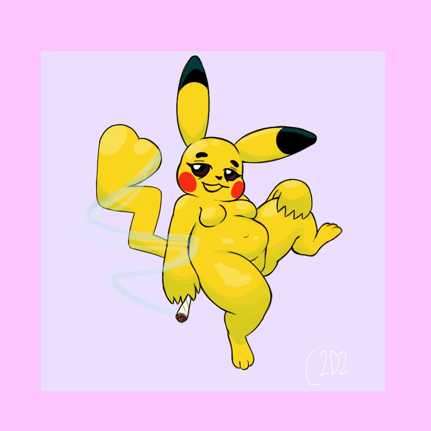 anthro black_eyes blush border breasts drugs featureless_breasts featureless_crotch female feral hand_on_leg joint joint_in_hand marijuana nude pink_border red_sclera rosy_cheeks simple_background solo spread_legs spreading yellow_body c2d2 nintendo pokemon generation_1_pokemon pikachu pokemon_(species) 1:1