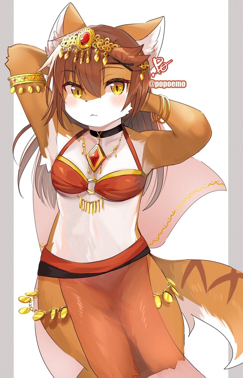 anthro armlet blush brown_body brown_fur brown_hair circlet dancer_outfit female female_anthro fur hair inner_ear_fluff jewelry kemono looking_at_viewer multicolored_body multicolored_fur necklace solo tuft white_body white_fur wristlet yellow_eyes popoemo canid canine mammal hi_res