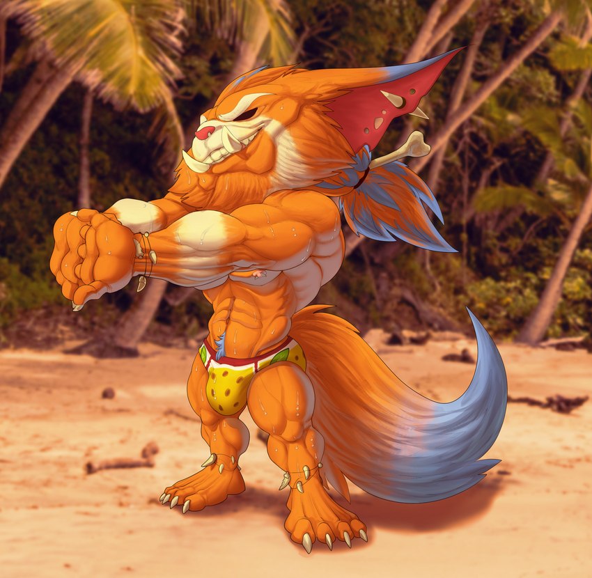 5_fingers abs accessory aged_up anthro arm_markings athletic athletic_anthro athletic_male beach belly biceps big_biceps big_bulge big_eyes big_head big_muscles big_pecs big_tail black_eyes blue_body blue_ears blue_fur blue_markings blue_pubes blurred_background bodily_fluids bone bone_in_ear bracelet bulge cheek_tuft chin_tuft claws clothed clothing day dipstick_ears dipstick_tail ear_markings ear_piercing ear_tuft eyebrows facial_markings facial_tuft fangs feet fingers fluffy fluffy_tail fur hair hair_accessory hair_tie half-closed_eyes hands_together head_markings head_tuft heat_(temperature) humanoid_feet humanoid_hands inner_ear_fluff jewelry light long_hair looking_away male manly markings multicolored_body multicolored_ears multicolored_fur multicolored_tail muscular muscular_anthro muscular_arms muscular_male muscular_thighs narrowed_eyes navel nipples obliques orange_arms orange_belly orange_body orange_chest orange_ears orange_feet orange_fur orange_hands orange_legs outside palms pecs photo_background piercing pink_inner_ear pink_nipples pink_nose plantigrade pose pubes seaside serratus shadow skimpy solo speedo spread_legs spreading standing summer sweat sweaty_arms sweaty_belly sweaty_body sweaty_face swimwear tail tail_markings tan_arms tan_eyebrows tan_markings teeth three-quarter_view tied_hair tooth_bracelet topless topless_anthro topless_male triceps tuft two_tone_arms two_tone_ears two_tone_tail white_claws yellow_clothing yellow_speedo yellow_swimwear bristol league_of_legends riot_games tencent gnar_(lol) mammal yordle 2021 absurd_res colored digital_drawing_(artwork) digital_media_(artwork) full-length_portrait hi_res photography_(artwork) portrait shaded