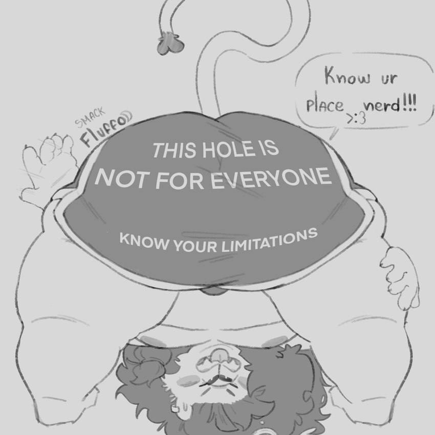 anthro belly bent_over big_butt blush butt clothing looking_through looking_through_legs male moobs nipples overweight solo spanking_self suggestive_clothing teasing text text_on_hotpants fluffo_boyo felid lion mammal pantherine 1:1 english_text hi_res monochrome