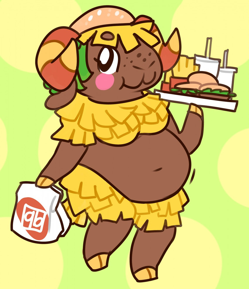 :3 anthro belly beverage big_belly breasts brown_body brown_skin burger clothing female floppy_ears food freckles fries headgear hooves horn navel on_one_leg overweight overweight_anthro overweight_female paper_bag simple_background slightly_chubby slightly_chubby_female solo standing cubemelon softvivi animal_crossing nintendo frita_(animal_crossing) bovid caprine mammal sheep hi_res