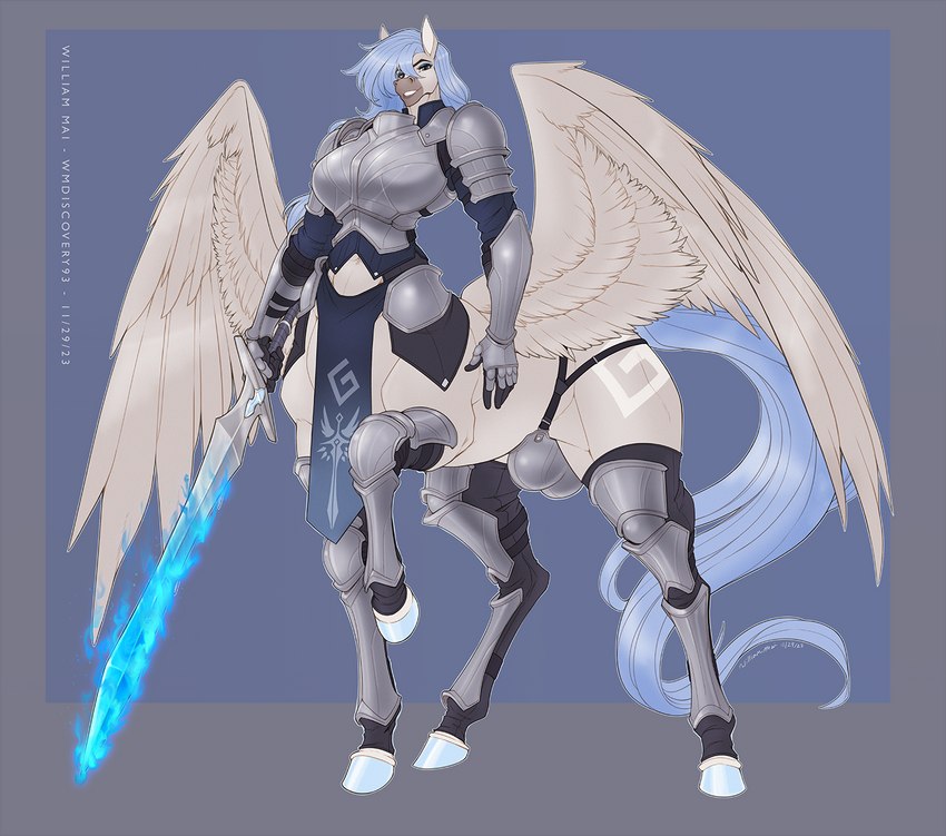 armor blue_fire blue_hair blue_tail boob_armor bottomwear bulge clothing codpiece colored_fire fire flaming_sword gynomorph hair hooves intersex loincloth melee_weapon solo sword tail weapon wings wmdiscovery93 mythology aether_(aetherflame1397) equid equid_taur equine mammal mammal_taur mythological_creature mythological_equine pegasus pegasus_taur taur hi_res