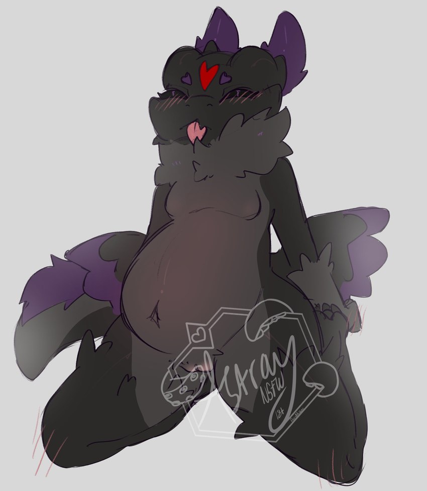 anthro belly big_belly black_body black_feathers blep blush blush_lines crow_(keeevin) eyes_closed feathers female genitals heart_symbol horn kneeling navel nude pregnant pregnant_anthro pregnant_female purple_body purple_feathers pussy solo tongue tongue_out wings artsmikas avian bird corvid corvus_(genus) crow hybrid kobold oscine passerine scalie digital_media_(artwork) hi_res sketch watermark