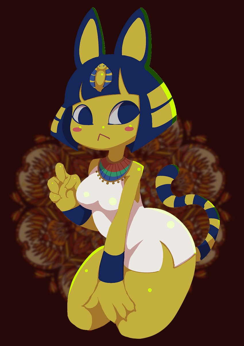 anthro blue_hair blush blush_stickers bob_cut butt claws clothing dress egyptian egyptian_clothing female frown fur hair kalasiris markings red_background short_hair simple_background solo striped_markings striped_tail stripes tail tail_markings thick_thighs uraeus usekh wide_hips yellow_body yellow_fur rakuda0330 animal_crossing nintendo ankha_(animal_crossing) domestic_cat felid feline felis mammal 2021 hi_res lineless portrait three-quarter_portrait