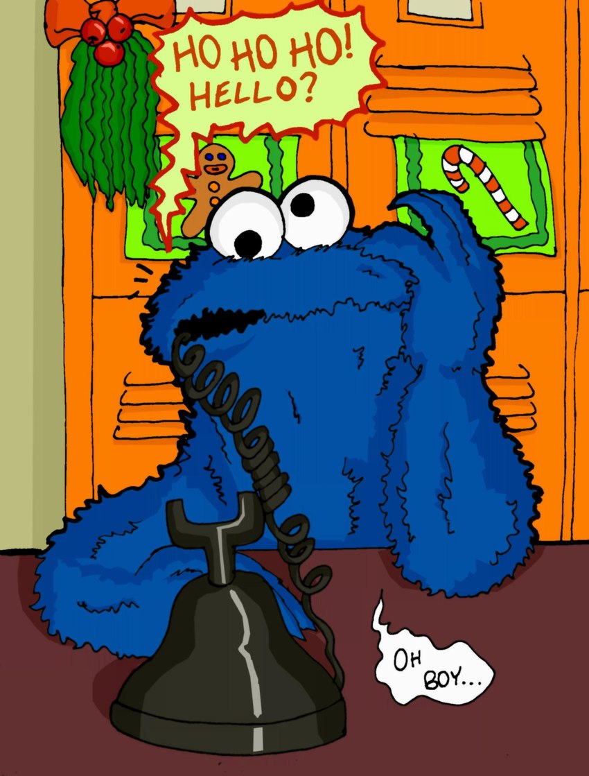 blue_body blue_fur candy candy_cane cross-eyed dessert dialogue electronics food fur gingerbread_man greeting hand_on_head holidays holly_(plant) landline_phone locker male mistletoe phone plant shadow solo speech_bubble text mightyfilm christmas muppets pbs sesame_street cookie_monster muppet 2009 absurd_res digital_media_(artwork) english_text hi_res