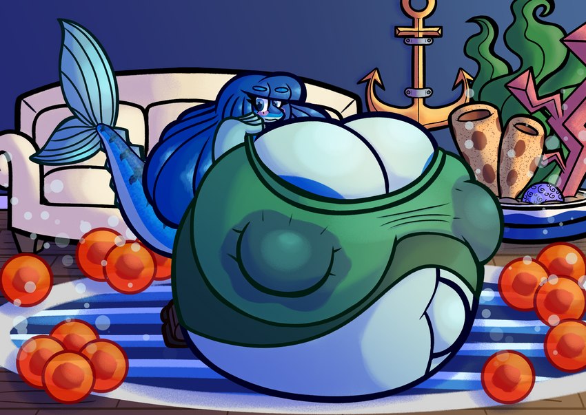 anchor anthro areola areola_slip belly big_belly big_breasts blue_body blue_eyes blue_hair blush bodily_fluids breasts bubble clothing countershading dress egg erect_nipples eyelashes female fin fish_egg fish_tail furniture green_clothing green_dress hair huge_belly huge_breasts hyper hyper_belly hyper_breasts hyper_pregnancy lactating lactating_through_clothing living_room long_hair mature_female nipple_outline nipples pregnant pregnant_anthro pregnant_female rug seaweed sofa solo sponge wet wet_clothing white_body white_countershading sprucy mackenzie_(sprucy) anthozoan cnidarian coral fish mackerel marine scombrid scombriform hi_res