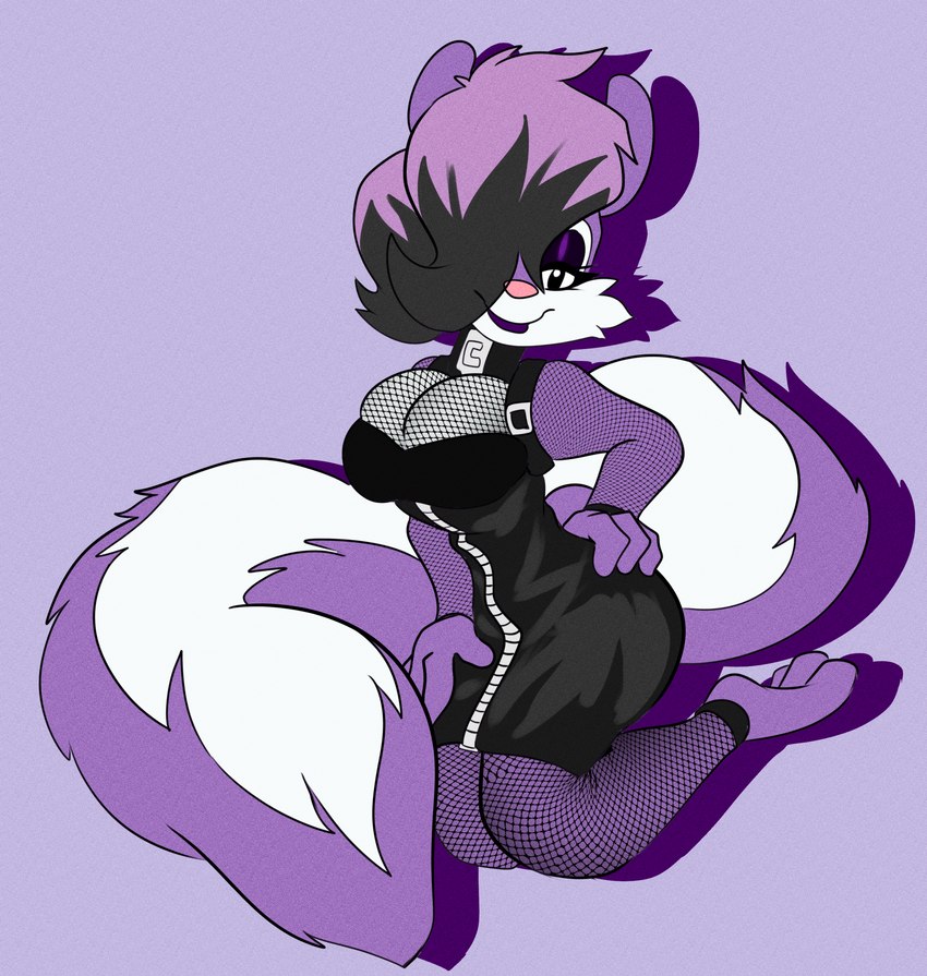 alternative_fashion anthro breast_squish breasts cleavage clothed clothing collar female fishnet_clothing goth hair hair_over_eye hand_on_hip highlights_(coloring) looking_at_viewer one_eye_obstructed solo squish solratic tiny_toon_adventures warner_brothers fifi_la_fume mammal mephitid skunk hi_res