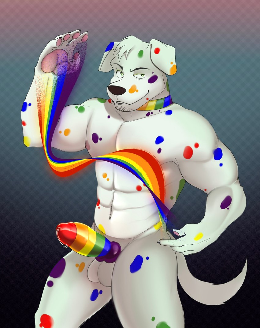 abs accessory anthro balls bodily_fluids clothing collar floppy_ears fur genital_fluids genitals green_eyes head_tuft knot lgbt_pride looking_at_viewer male male_anthro markings multicolored_collar multicolored_genitals multicolored_penis nipples nude pattern_background pawpads penis pink_pawpads pride_color_accessory pride_color_clothing pride_color_collar pride_color_genitals pride_color_penis pride_colors rainbow_collar rainbow_penis rainbow_pride_colors rainbow_spots rainbow_symbol simple_background six-stripe_rainbow_pride_colors smile solo spots spotted_body spotted_fur tuft white_body white_fur sodabae skittles_the_dalmatian canid canine canis dalmatian domestic_dog mammal digital_media_(artwork) hi_res