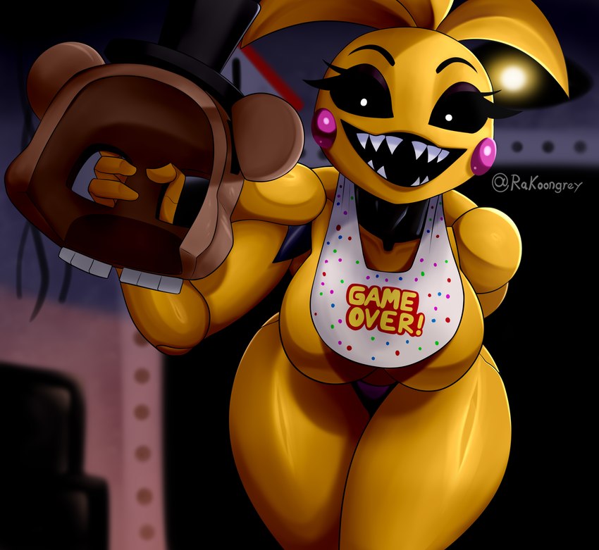 anthro bib female freddy_mask_(fnaf) leaning leaning_forward looking_at_viewer machine mask open_mouth sharp_teeth solo teeth text thick_thighs e4hargus five_nights_at_freddy's five_nights_at_freddy's_2 scottgames freddy_(fnaf) toy_chica_(fnaf) animatronic avian bird chicken galliform gallus_(genus) phasianid robot 2024 absurd_res digital_media_(artwork) english_text hi_res