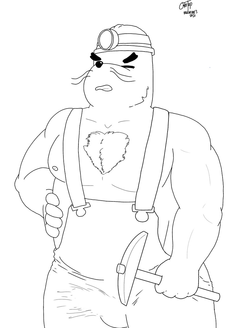 anthro body_hair bulge chest_hair clothed clothing headgear male muscular muscular_anthro muscular_male nipples overalls simple_background solo topless cake_top animal_crossing nintendo mr._resetti eulipotyphlan mammal mole_(animal) 3:4 absurd_res digital_media_(artwork) hi_res monochrome