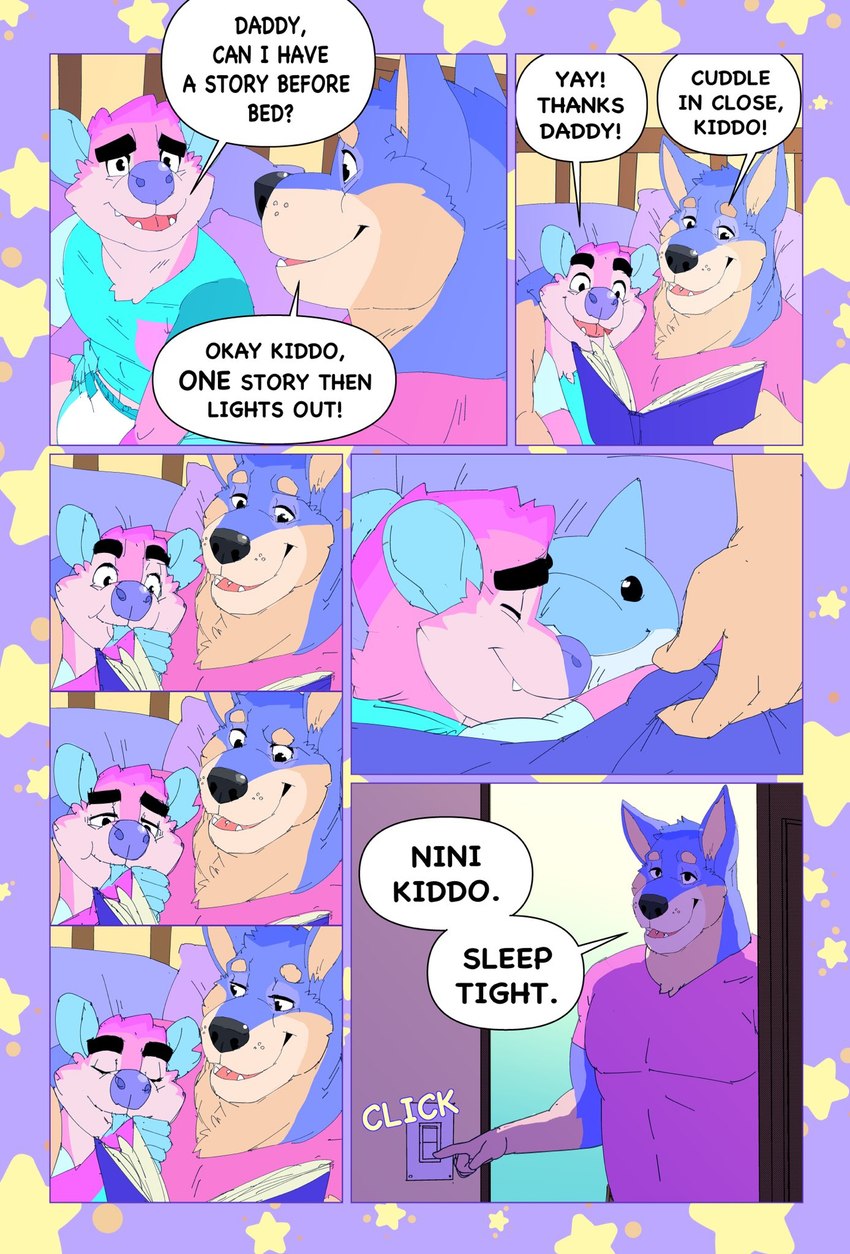 ageplay anthro bedtime bedtime_story biped black_nose blue_clothing blue_shirt blue_topwear brown_body brown_fur clean_diaper clothed clothing crib cuddling detailed_background diaper duo falling_asleep fur infantilism male onomatopoeia open_mouth open_smile pink_body pink_fur purple_body purple_fur purple_nose roleplay shirt sleeping smile sound_effects speech_bubble sucking teeth text thumb_suck topwear wearing_diaper daire301 daire pupserif american_opossum canid canine canis domestic_dog mammal marsupial virginia_opossum 2021 comic digital_media_(artwork) english_text hi_res