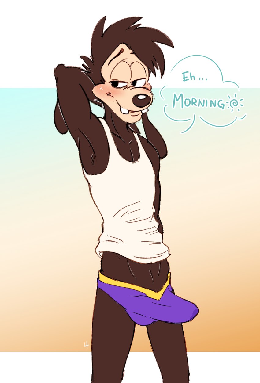 anthro blush clothed clothing dialogue erection erection_under_clothing hand_behind_head male shirt solo tank_top text topwear underwear 4pcsset disney goof_troop max_goof canid canine canis domestic_dog mammal english_text hi_res