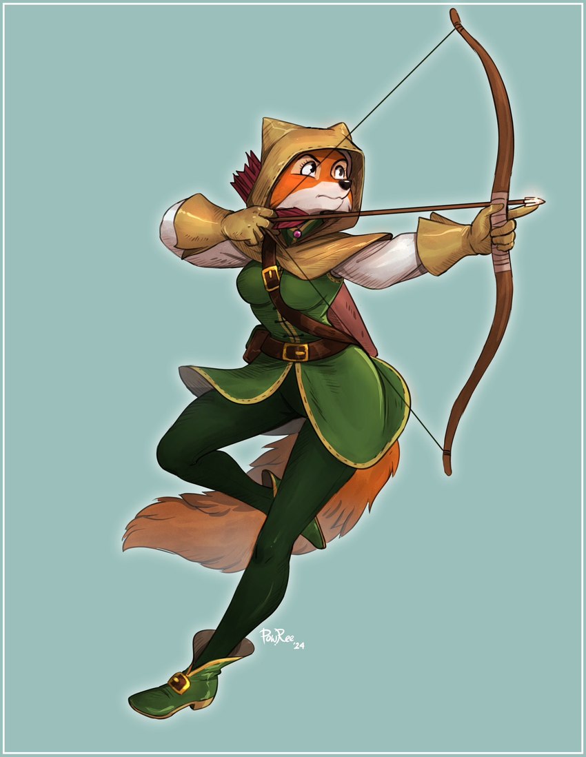 action_pose aiming anthro arrow_(weapon) belt bow_(weapon) breasts clothing eyebrows eyelashes female fur gloves green_clothing handwear hood orange_body orange_fur pose quiver_(object) ranged_weapon solo weapon white_body white_fur powree disney robin_hood_(disney) maid_marian canid canine fox mammal red_fox true_fox 2024 hi_res