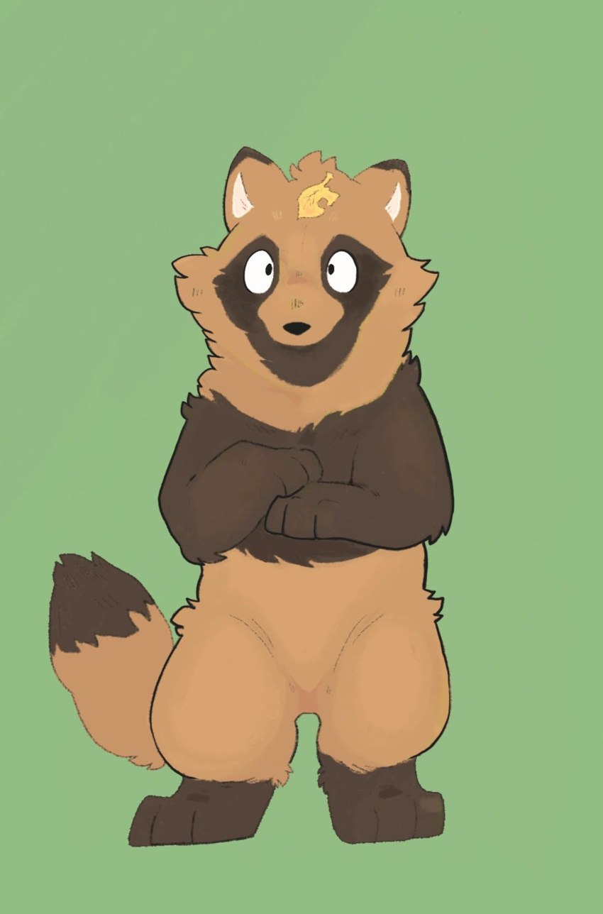 anthro biped black_nose brown_body green_background kemono leaf simple_background solo tinntira canid canine mammal raccoon_dog tanuki 2022 hi_res