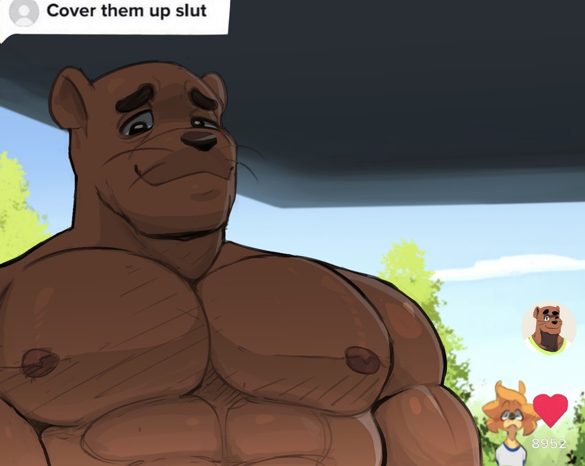 abs anthro blush blush_lines brown_body clothed clothing day detailed_background duo gesture looking_at_viewer male meme_pose muscular muscular_anthro muscular_male nipples pecs pose smile surprise surprised_expression topless topless_male whiskers ledange cover_them_up_slut finally_faded tiktok boone_(finally_faded) raul_(finally_faded) deer mammal mustelid otter hi_res meme