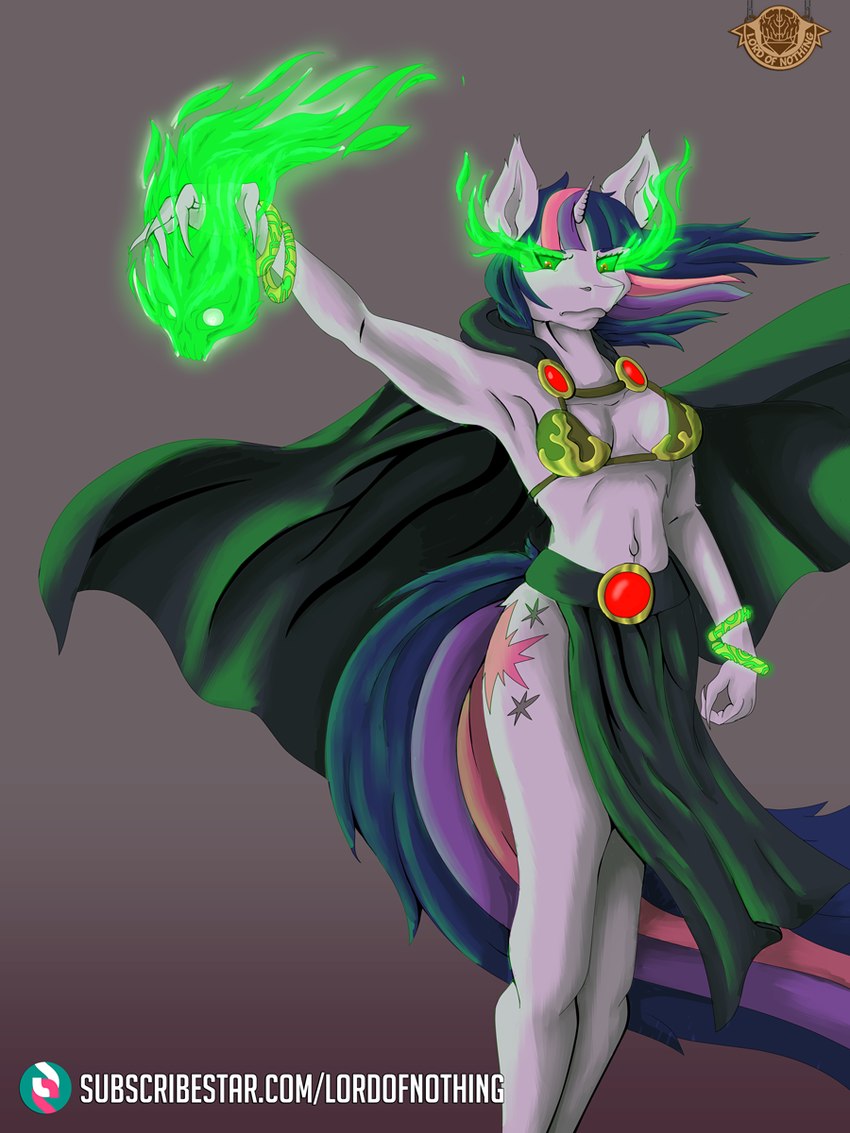 anthro bottomwear bra bracelet cape clothing elemental_manipulation fire fire_eyes fire_manipulation glowing glowing_eyes horn horse_tail jewelry loincloth red_eyes solo text underwear unicorn_horn lordofnothin1 friendship_is_magic hasbro my_little_pony mythology twilight_sparkle_(mlp) equid equine mammal mythological_creature mythological_equine unicorn 3:4 hi_res url