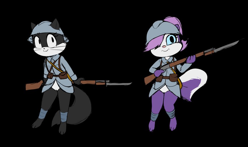 adrian_helmet anthro armor barefoot bayonet black_body black_fur bottomless bottomless_female clothed clothing duo exposed_crotch feet female fluffy fluffy_tail fur genitals gun headgear helmet innie_pussy knife leg_wrap military military_helmet military_uniform purple_body purple_fur pussy ranged_weapon rifle smile soldier tail uniform warrior weapon white_body white_fur world_war_1 e254e looney_tunes tiny_toon_adventures warner_brothers fifi_la_fume penelope_pussycat domestic_cat felid feline felis mammal mephitid skunk 2024 alpha_channel hi_res sketch