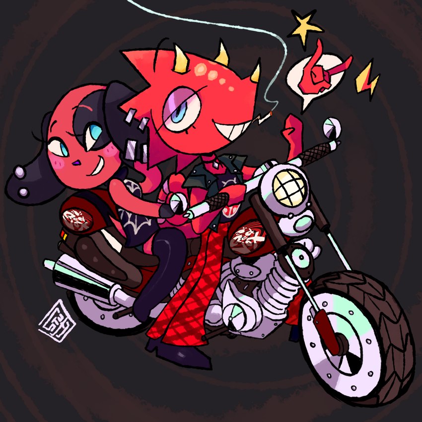 duo female male male/female motorcycle red_body red_skin vehicle stu_(artist) animal_crossing nintendo red_vox cherry_(animal_crossing) flick_(animal_crossing) canid canine canis chameleon domestic_dog lizard mammal reptile scalie 1:1