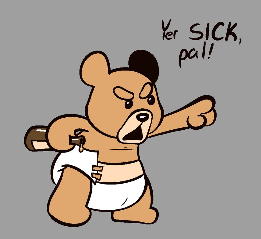 alcohol alcohol_bottle anthro beverage clean_diaper clothed clothing dialogue diaper diaper_only fur male open_mouth plushie solo teddy_bear text topless wearing_diaper youknowthatpup ted_(film) universal_studios ted_(ted) animate_inanimate bear living_plushie mammal teddy_bear_(species) digital_media_(artwork) english_text