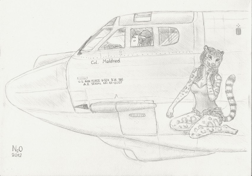 aircraft airplane anthro b-52_stratofortress duo female male text vehicle n2o moldred felid human mammal pantherine snow_leopard natalie_(disambiguation) 2012 english_text graphite_(artwork) traditional_media_(artwork)