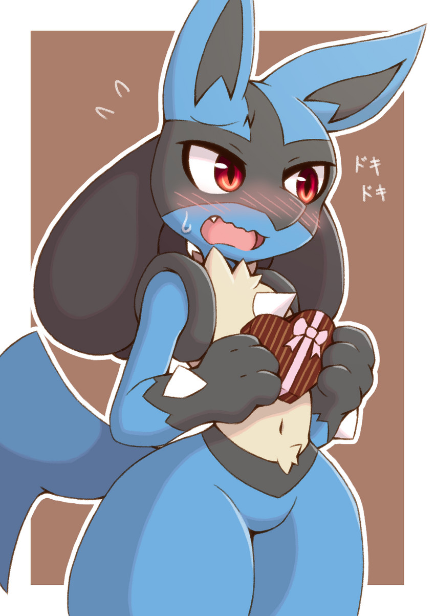 ambiguous_gender anthro blue_body blue_fur blush bodily_fluids cute_fangs fangs fur open_mouth solo sweat sweatdrop teeth acky05 nintendo pokemon generation_4_pokemon lucario pokemon_(species) 2021 hi_res