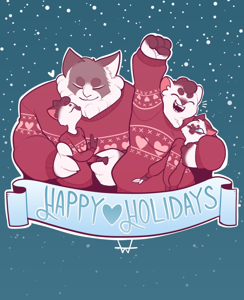 anthro female group heart_symbol holidays male one_eye_closed text toony ugly_christmas_sweater marshmallowfury christmas happy_holidays elodie florence_(marshmallowfury) gus_(marshmallowfury) lea_(marshmallowfury) domestic_cat felid feline felis mammal siamese 2015 digital_drawing_(artwork) digital_media_(artwork) english_text hi_res parent_(lore) parent_and_child_(lore) sibling_(lore)