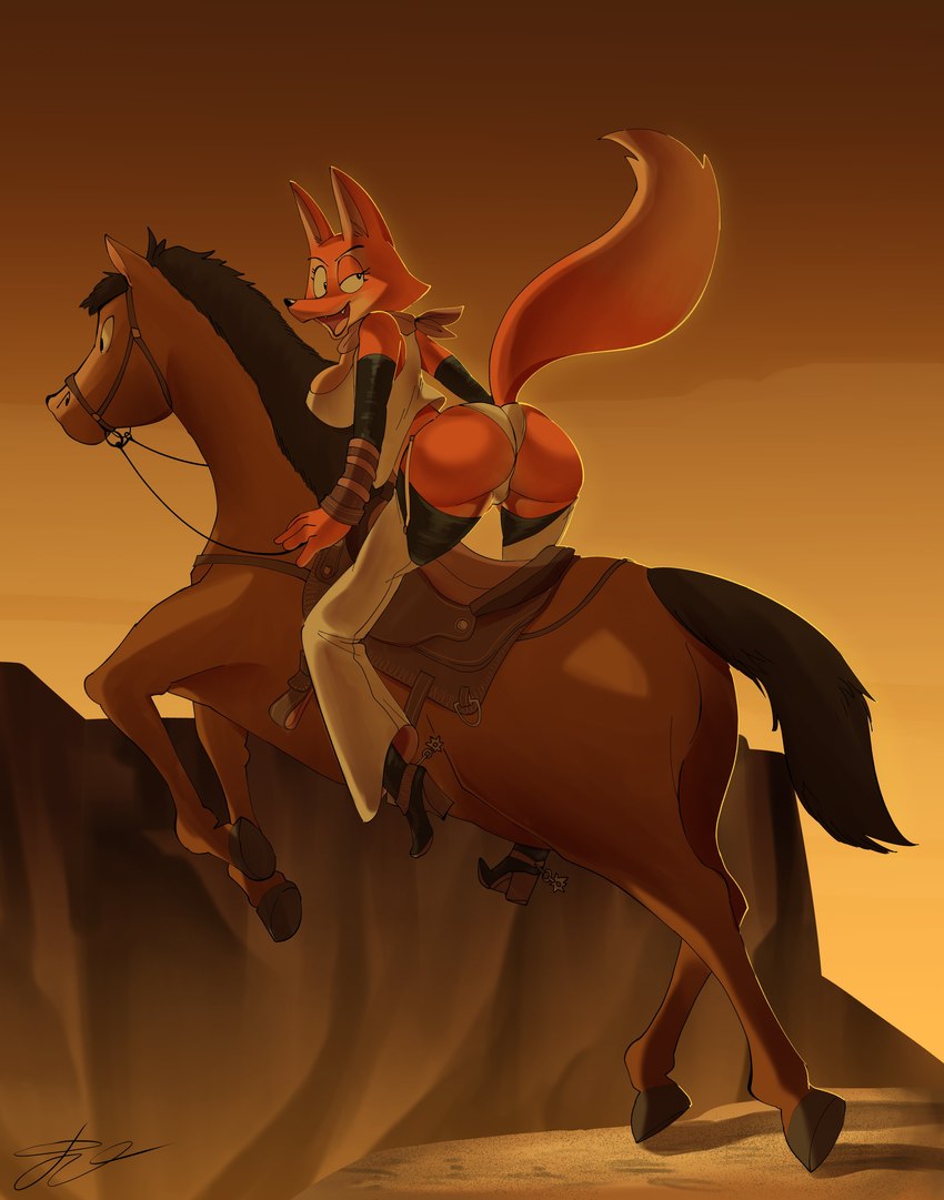 anthro breasts bridle butt clothed clothing detailed_background duo female feral outside reins riding saddle crimmy canid canine equid equine fox horse mammal 2023 absurd_res hi_res signature