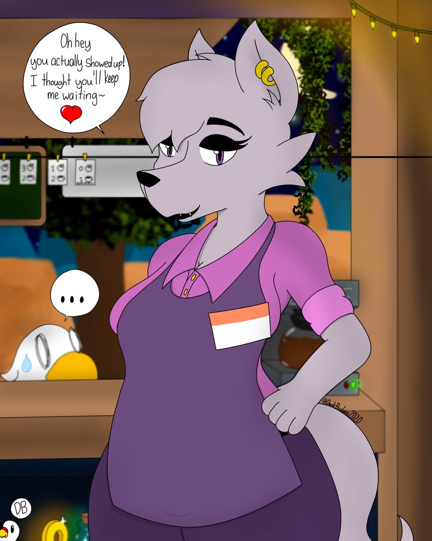 anthro apron canyon clothing coffee_shop dessert duo female feral food male night ordering_beverage ordering_food solo_focus text worker dankbudgie chiki_chase chiki_(chiki_chase) fiona_(chiki_chase) avian bird canid canine canis mammal wolf 4:5 absurd_res english_text hi_res