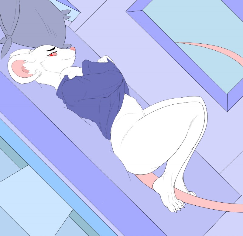 ambiguous_gender anthro bed biped bottomless clothed clothing dutch_angle furniture looking_at_viewer lying pillow red_eyes smile solo rheumatism mammal mouse murid murine rodent hi_res