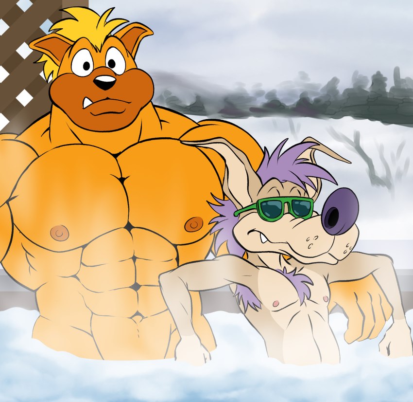 armpit_hair blonde_hair body_hair chest_tuft duo eyewear fangs glasses hair hot_tub male muscular muscular_male nipples purple_hair steam teeth toony tuft unknown_artist sega sonic_the_hedgehog_(series) sonic_underground tamers12345's_sonic_underground dingo_(sonic_underground) sleet_(sonic_underground) canid canine canis dingo mammal wolf source_request