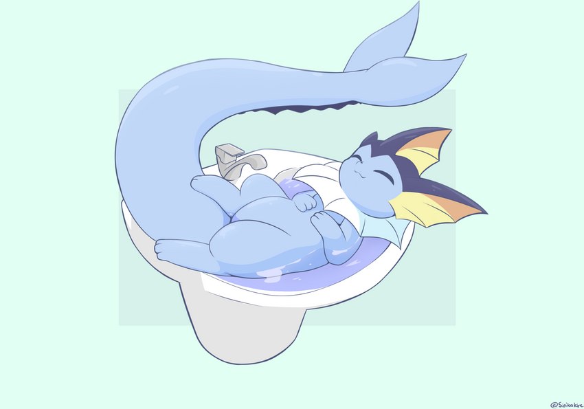 bathing blue_body eyes_closed faucet feral fin fish_tail frill_(anatomy) lying multicolored_body neck_frill sink smile solo tail two_tone_body water wet white_body sirikakire nintendo pokemon eeveelution generation_1_pokemon pokemon_(species) vaporeon absurd_res digital_drawing_(artwork) digital_media_(artwork) digital_painting_(artwork) hi_res painting_(artwork) signature