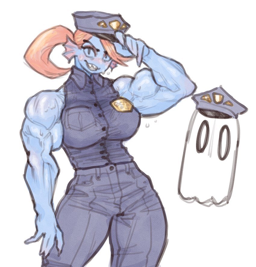 big_breasts biped blue_body breasts clothed clothing duo female hair muscular muscular_female muscular_humanoid non-mammal_breasts police police_uniform red_hair simple_background smile text uniform white_background cerebropodrido undertale undertale_(series) undyne animal_humanoid fish ghost humanoid marine marine_humanoid scalie spirit 2024 digital_drawing_(artwork) digital_media_(artwork) hi_res