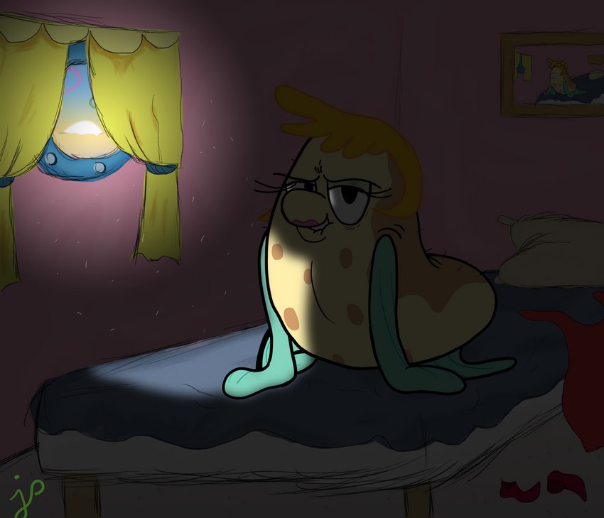 anthro bed bedroom bite biting_lip blonde_hair clothing discarded_clothing discarded_shoes dress featureless_chest female flower_cloud_(spongebob) furniture hair lipstick looking_at_viewer makeup nude on_model red_clothing red_dress solo sunrise toony spongesquirrel44 nickelodeon spongebob_squarepants mrs._puff fish marine pufferfish tetraodontiform absurd_res hi_res