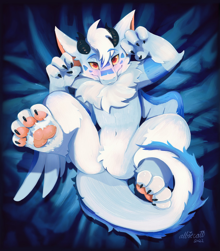 Rule 34 Dev - general:[anthro blush feathered_wings feathers  featureless_crotch fur horn lying male nude on_back pawpads  solo spread_legs spreading tail wings] artist:[albiecatt]  contributor:[] copyright ...