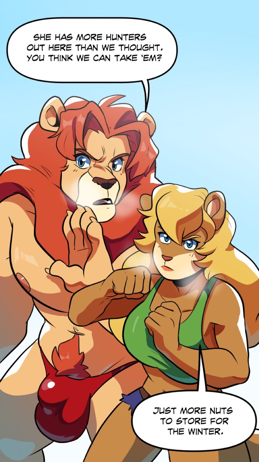 anthro big_breasts blonde_hair blue_eyes bottomwear breasts bulge clothed clothing crop_top denim denim_bottomwear denim_clothing denim_shorts detailed_bulge dialogue duo facial_markings female fur hair head_markings humor lipstick long_hair makeup male male/female mane markings muscular muscular_anthro muscular_male muzzle_(marking) pubes pun red_clothing red_hair red_lipstick red_mane red_thong red_underwear shirt shorts snout snout_markings speech_bubble tan_body tan_fur text thong thong_only topless topwear underwear underwear_only whispering yellow_body yellow_fur komoroshi_(artist) collegehumor furry_force callie_(furry_force) leon_(furry_force) felid lion mammal pantherine rodent sciurid tree_squirrel 2019 comic english_text hi_res