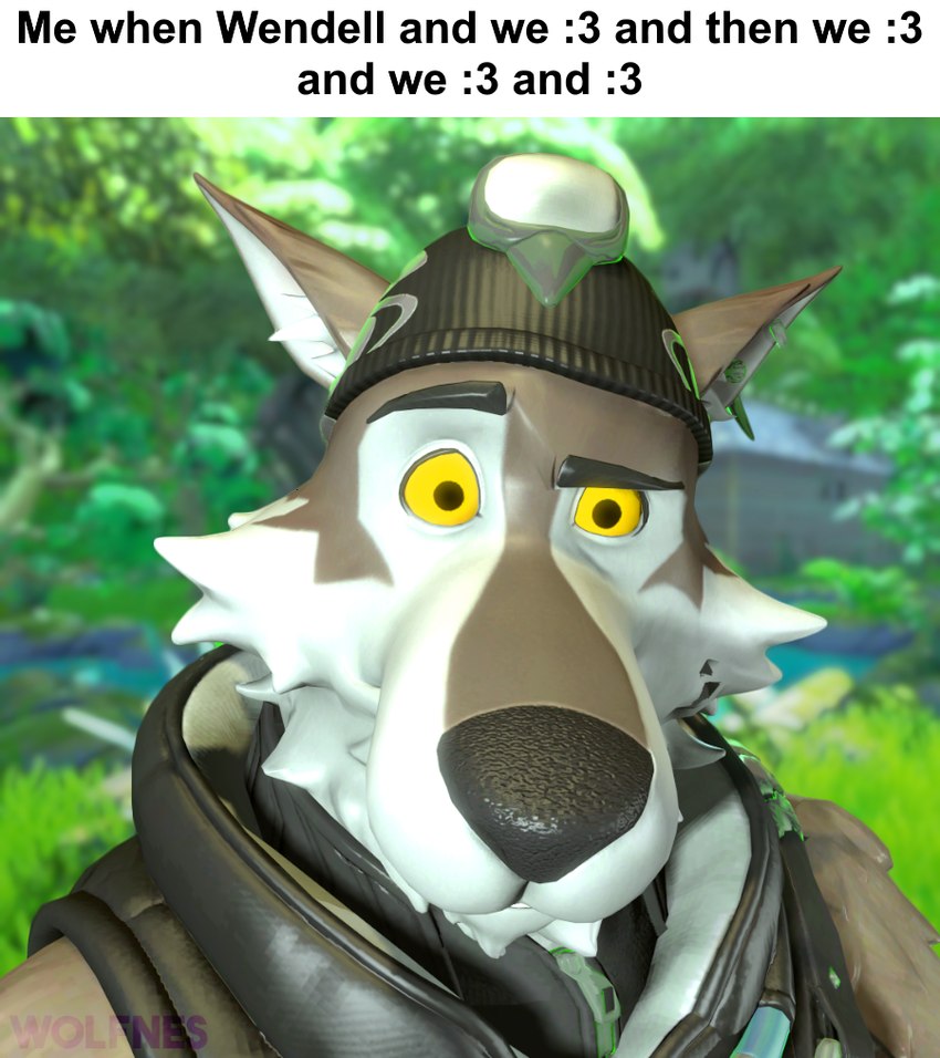 anthro clothing fur grey_body grey_fur headgear looking_at_viewer male solo text white_body white_fur yellow_eyes wolfnes epic_games fortnite wendell_(fortnite) canid canine canis mammal wolf 3d_(artwork) digital_media_(artwork) english_text meme reaction_image source_filmmaker_(artwork)