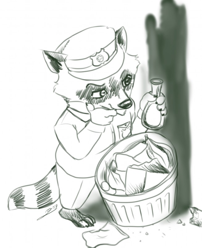 anthro badge clothed clothing fur hat headgear headwear male police police_uniform solo stripes trash trash_can uniform gerardson disney zootopia fan_character officer_stoutwell_(zootopia) mammal procyonid raccoon 2017 hi_res