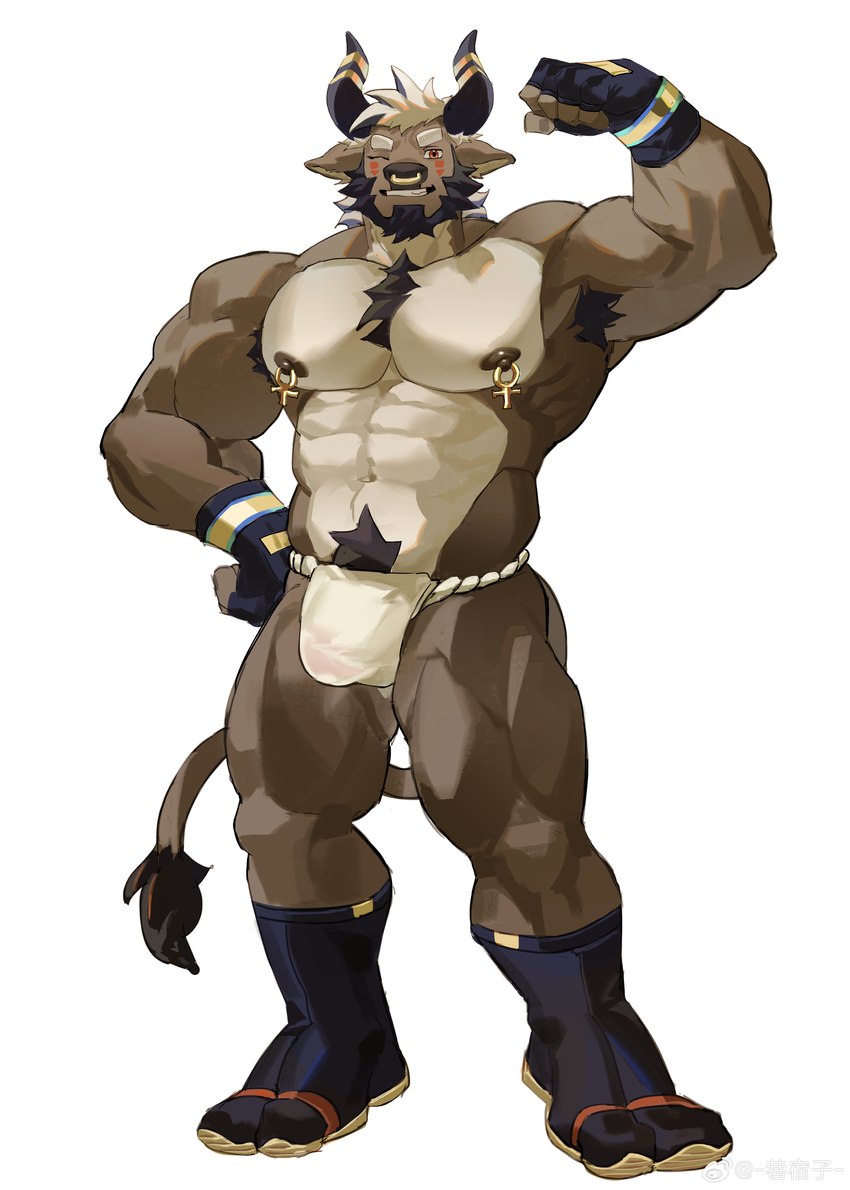 2_horns abs ankh_nipple_ring ankh_ring anthro armpit_hair asian_clothing barazoku barely_visible_genitalia barely_visible_penis beard biceps big_muscles big_penis biped black_hair body_hair brown_body brown_eyes brown_fur chest_hair clothing curved_horn east_asian_clothing facial_hair facial_piercing fingerless_gloves flexing flexing_bicep fundoshi fur genitals gloves hair handwear happy_trail horn humanoid_genitalia humanoid_penis japanese_clothing looking_at_viewer male male_anthro muscular muscular_anthro muscular_male navel nipple_piercing nipple_ring nipples nose_piercing nose_ring one_eye_closed pecs penis piercing plantigrade pubes ring_piercing septum_piercing septum_ring solo tail tail_tuft translucent translucent_clothing translucent_underwear tuft underwear white_clothing white_fundoshi white_hair white_underwear wink kitai_su zorgzhang bovid bovine cattle mammal 2024 absurd_res hi_res