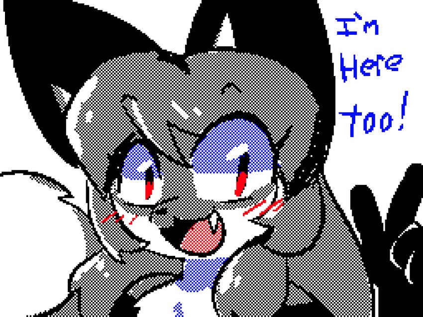 anthro arm_markings bangs blue_eyes blush chest_tuft dipstick_tail fangs female fur gloves_(marking) grey_body grey_fur hair long_hair markings pink_tongue red_eyes side_bangs solo tail tail_markings teeth text tongue tuft conditional_dnp unknown_artist flipnote_studio_(copyright) averi_(fiddleafox) canid canine fox mammal 4:3 digital_media_(artwork) english_text flipnote_studio_(artwork) grandfathered_content restricted_palette