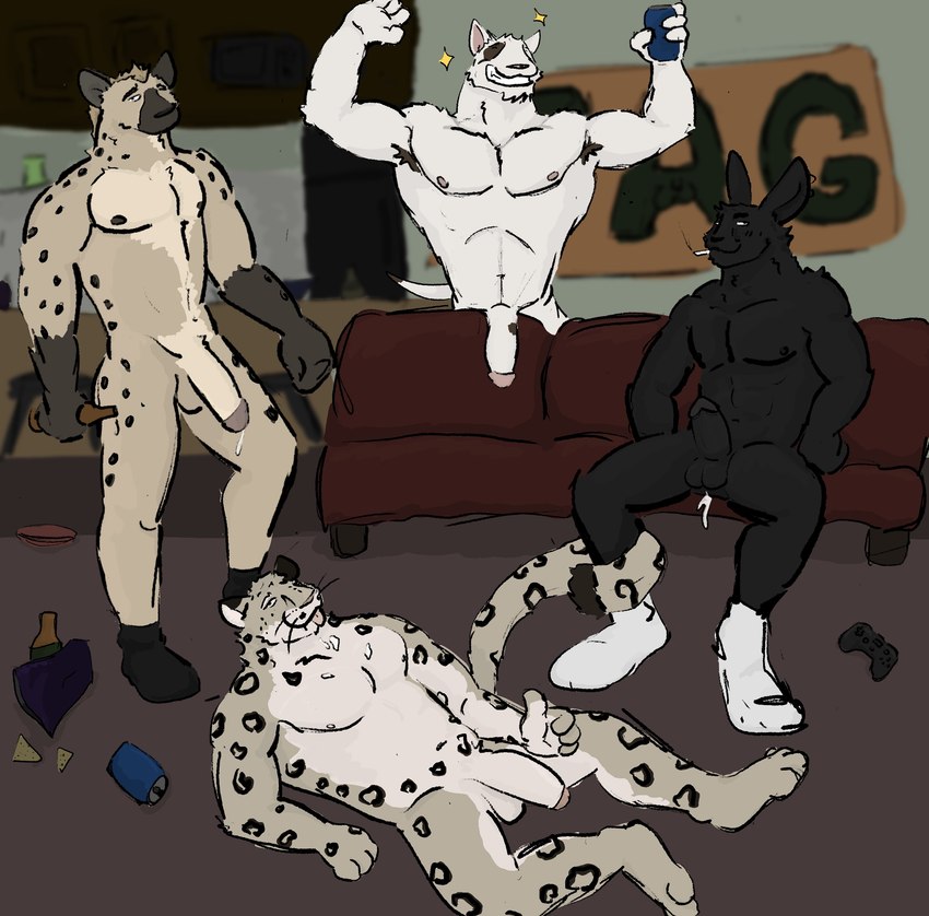 anthro beer_bottle beverage_can black_body black_fur blurred_background bodily_fluids bottle bulge cigarette clothing container controller cum cum_drip cum_in_ass cum_inside cum_on_chest cumshot_on_chest dripping dripping_penis erection fangs feet flexing flexing_bicep flexing_both_biceps flexing_muscles fluffy fluffy_tail footwear footwear_only foreskin fur furniture furry_tail fuzzy_tail game_controller genital_fluids genitals group group_nudity group_sex hindpaw laying_pose lights_off looking_at_viewer lying male male/male markings mostly_nude multicolored_body multicolored_fur muscular muscular_male night nipples no_socks on_side on_sofa party_sex paws penetration penile penile_penetration penis penis_peek precum sex sex_party simple_background sitting sitting_on_sofa smile smoke smoking smoking_cigarette smug_face smug_grin socks socks_only sofa spots spotted_body spotted_fur tail teeth tongue white_body white_fur dickinoatmeal canid canine canis domestic_dog felid hyena lagomorph leporid mammal pantherine rabbit snow_leopard spotted_hyena absurd_res hi_res