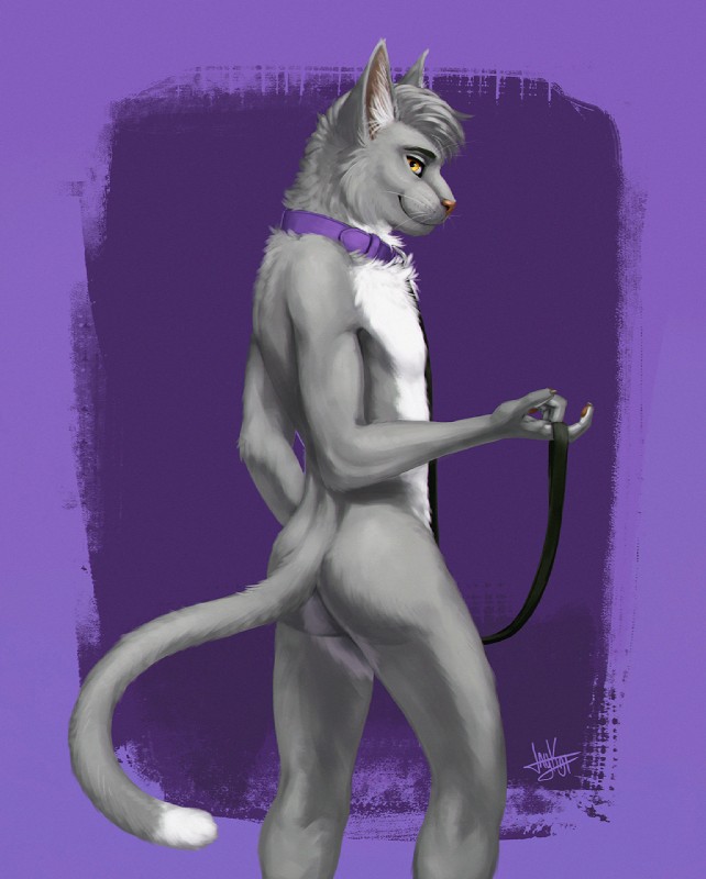 anthro collar countershading fur grey_body grey_fur leash looking_at_viewer male nude offering_leash purple_background simple_background solo standing whiskers white_body white_fur yellow_eyes jaykat jay_(jaykat) domestic_cat felid feline felis mammal digital_media_(artwork) hi_res shaded